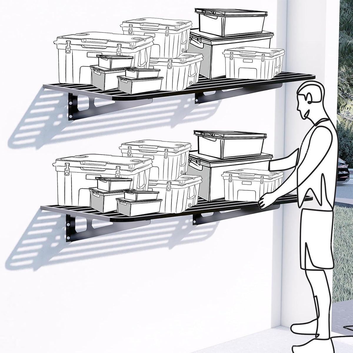 2-Pack 2x4ft Garage Wall Shelving, 2 Shelf Total 8 ft(L) Garage Wall Storage, Heavy-Duty Storage Shelves, Perfect for Holding Storage Bins, Boxes, Sporting Goods, Tools, and More. Space-Saving