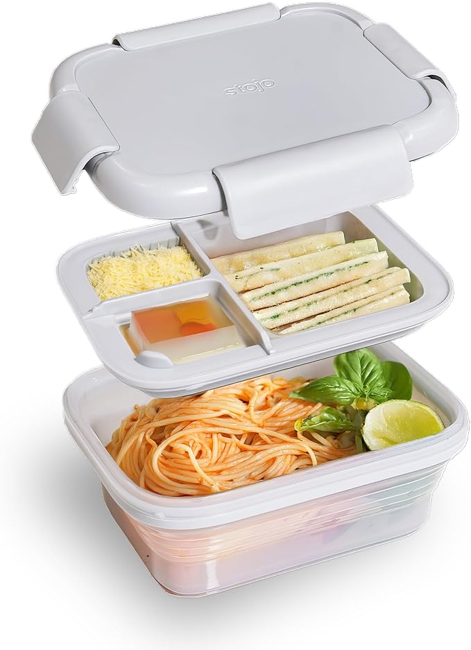 STOJO Collapsible Bento Box, Reusable, Leak-Proof, Microwave & Dishwasher Safe, Premium Lunch Container with Divider β Space-Saving, Transparent Design (Cashmere, 2.75-Cup/650mL)