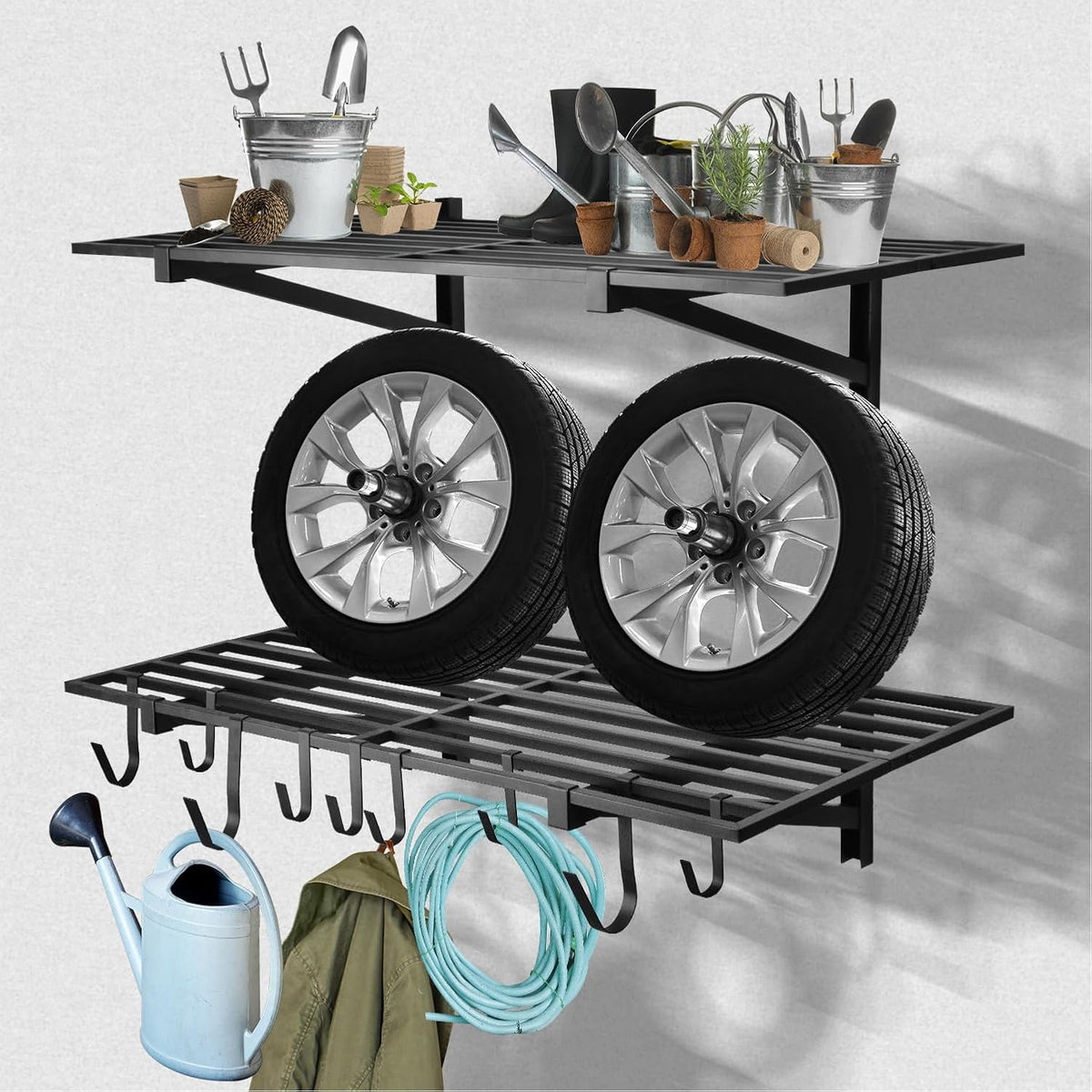 2 Pack Heavy Duty Garage Wall Shelving, 2' x 4' Wall Mount Storage Shelf, Holds 200 lbs Each, Garage Shelving Wall Mounted, Storage Rack with Hooks (Black)