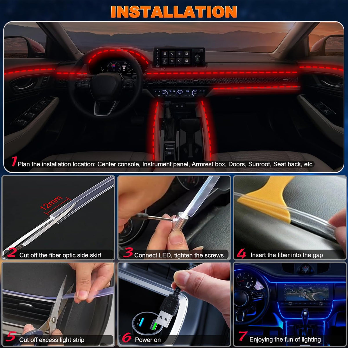 USB Interior Car LED Strip Lights with Wireless APP and Remote Control, RGB 6 in 1 Ambient Lighting Kits with 315 inches 3.0mm Fiber Optic, 16 Million Colors Car Neon Lights, Sync to Music
