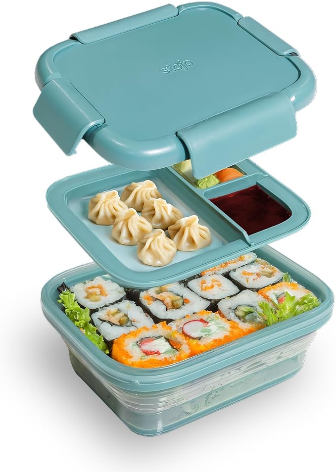 STOJO Collapsible Bento Box, Reusable, Leak-Proof, Microwave & Dishwasher Safe, Premium Lunch Container with Divider β Space-Saving, Transparent Design (Eucalyptus, 2.75-Cup/650mL)