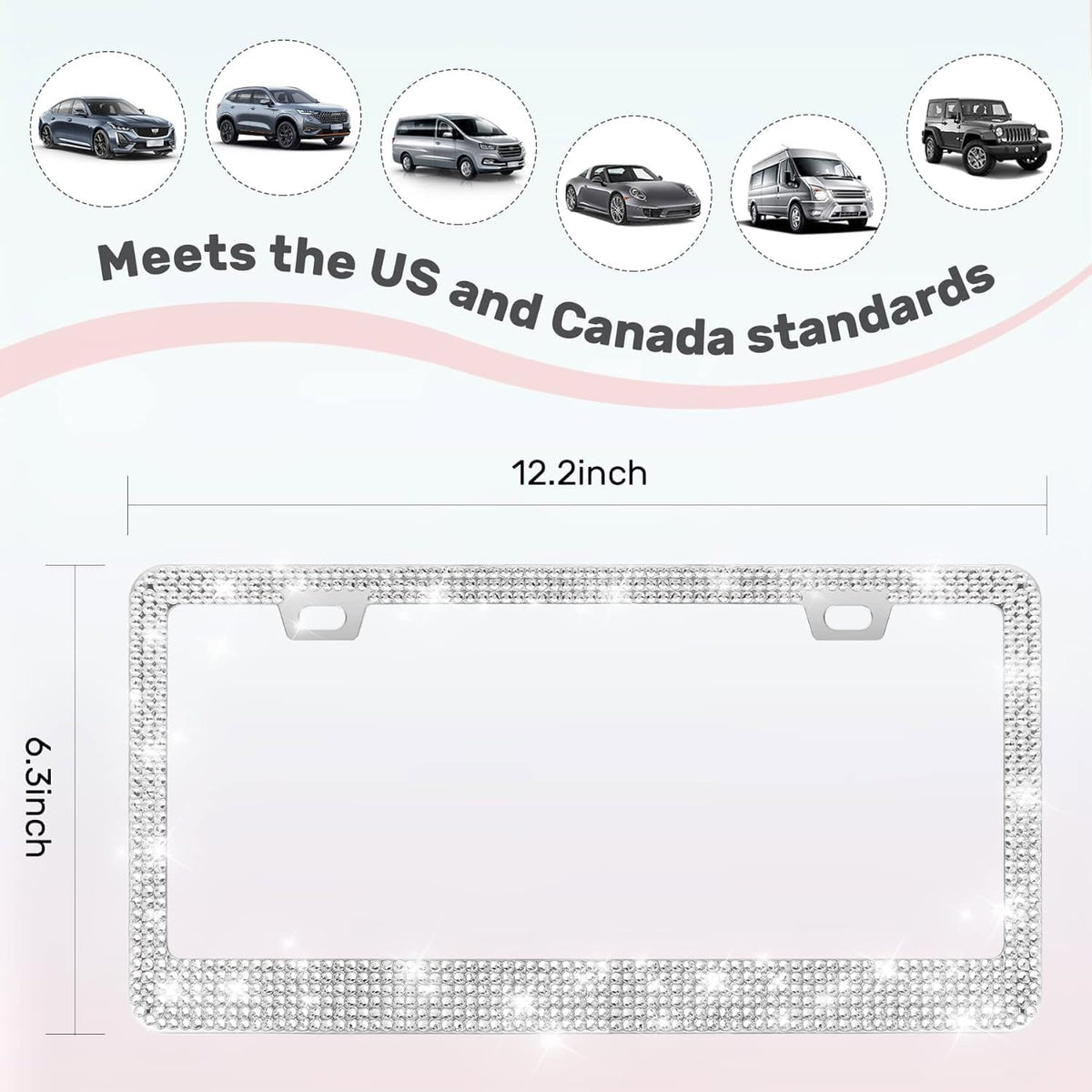 2 Pack License Plate Frames for Women, Sparkly Rhinestone Diamond Car Accessories with Glitter Crystal Caps (White (2PCS))