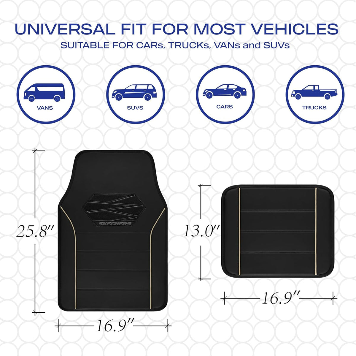 Skechers Memory Foam Car Mats, Leather Piping with Anti-Slip Pad, Universal Waterproof Fit Automotive Floor Mats for SUV, Vans, Sedans, Trucks, Full Set 4pcs Beige