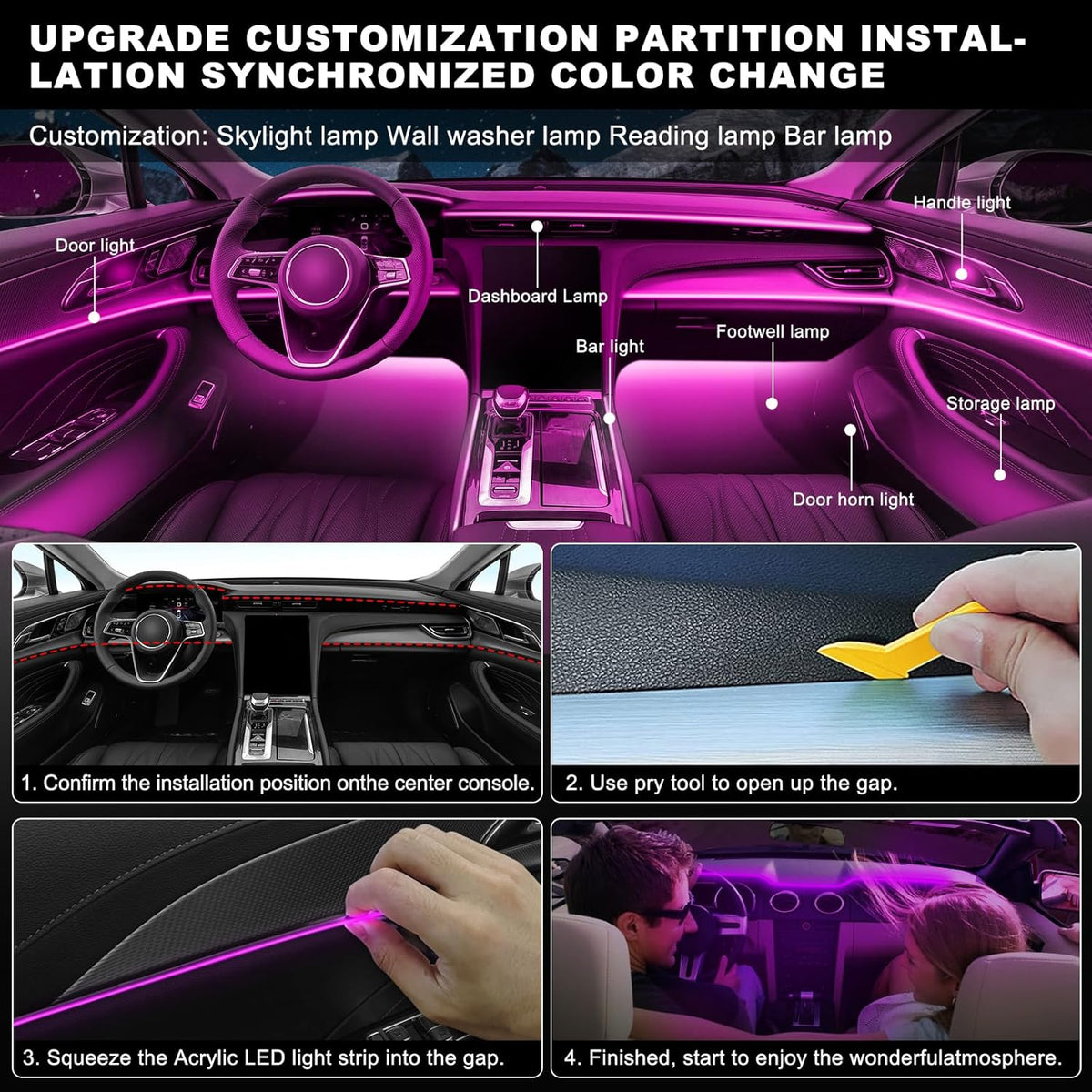 Acrylic Interior Car LED Strip Light with Wireless APP, RGB 14 in 1 with 175 inches 612 LEDs Fiber Optic Strip Lights for Car, Dual Zone Music Sync Neon Car Ambient Lighting Kits