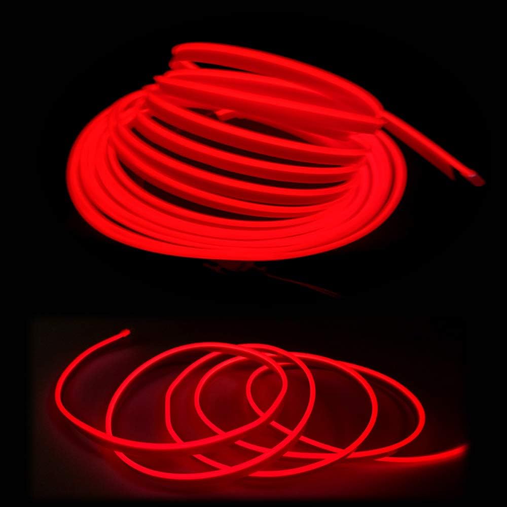 El Wire Red Interior Car LED Strip Lights, 3M Neon Wire USB 5V with Fuse Protection for Automotive Interior Decoration, with 6mm Sewing Edge