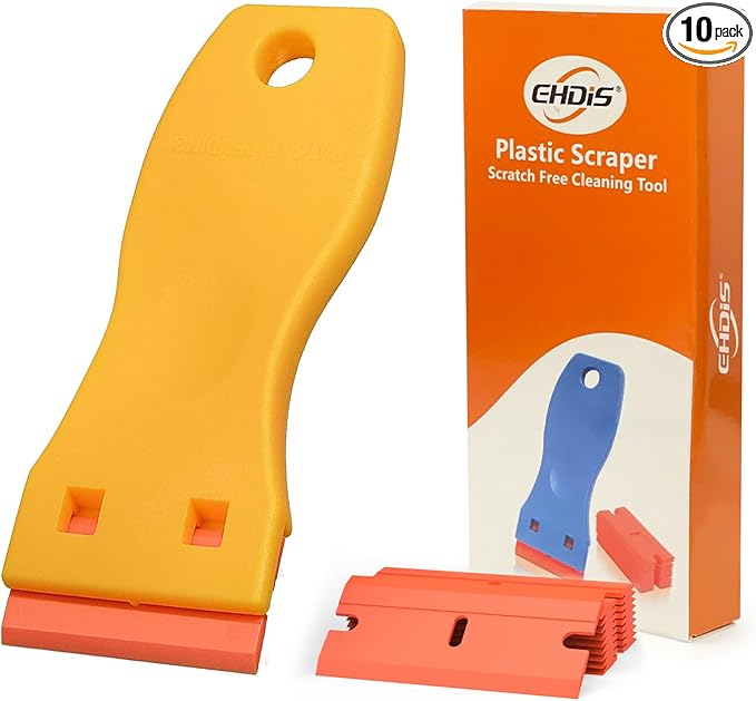 EHDIS 1.5" Plastic Razor Scraper Tool with 10pcs Double Edged Blades for Adhesive Remover,Removing Labels Stickers Decals Taping on Glass Windows(Yellow)