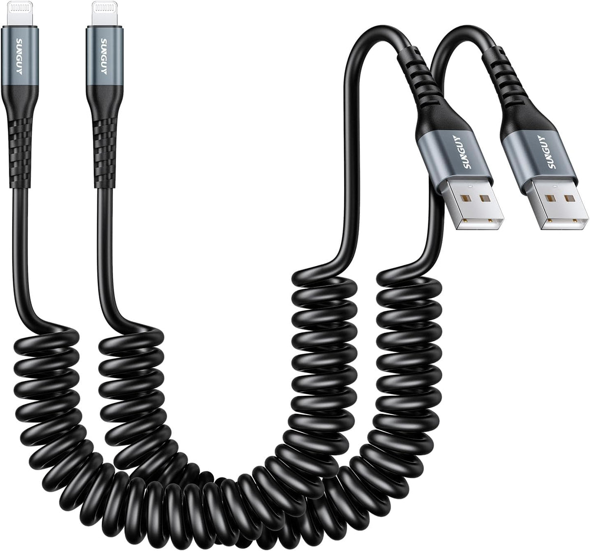SUNGUY Coiled USB to Lightning Cable for Car, 2-Pack 4FT [MFi Certified] Retractable iPhone Charger Cable, Fast Charging CarPlay Cable for iPhone 14/13/12/11 Pro Max/XS MAX/XR/XS/iPad/iPod