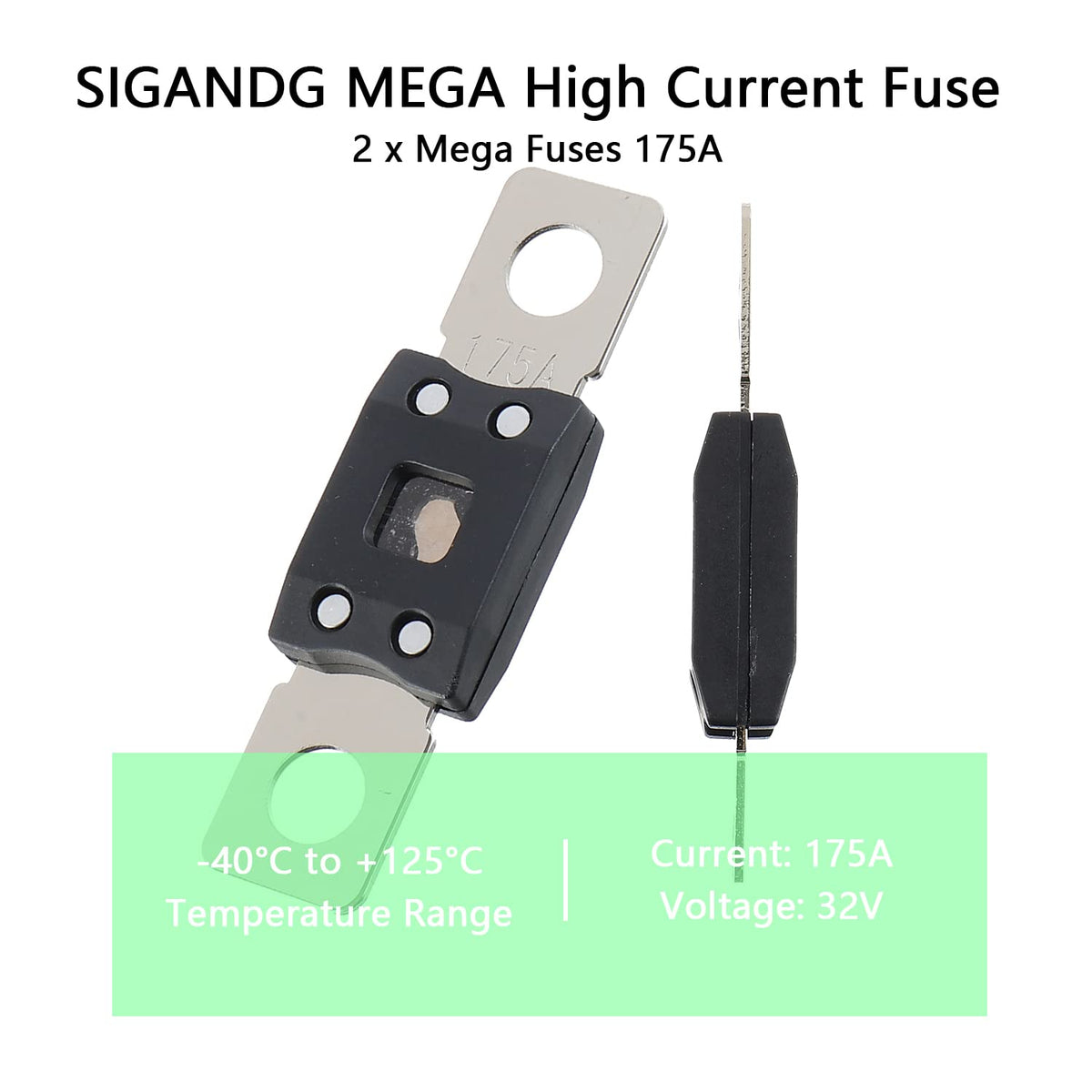 175A MEGA High Current Fuse - 175 Amp Bolt-on Fuse for Cars, Trucks, Construction Vehicles, Buses, Caravans (2 Pcs)