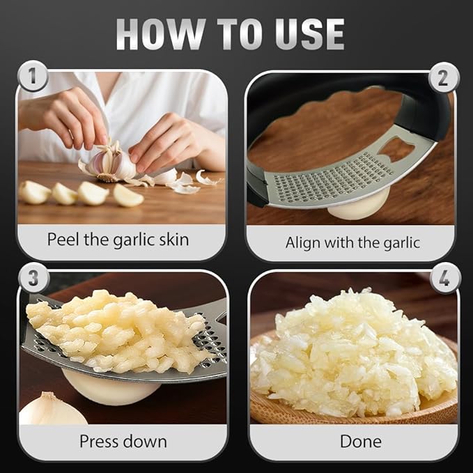 Stainless Steel Garlic Press Rocker, 2025 New Garlic Mincer and Garlic Crusher, Easy-Squeeze Garlic Tool with Peeler and Cleaning Brush for Smashing Garlic (A2-1Pcs)