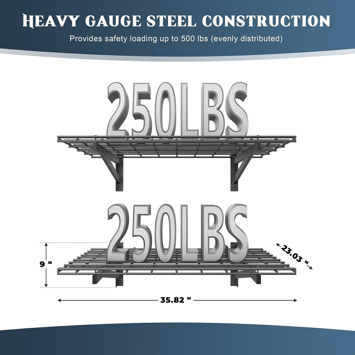 2 Pack Heavy Duty Garage Wall Shelving Set (2x3ft), Wall Mounted Garage Shelves 500lbs Capacity, 24"x72" Wall Shelf Storage Rack Floating Shelves, Black