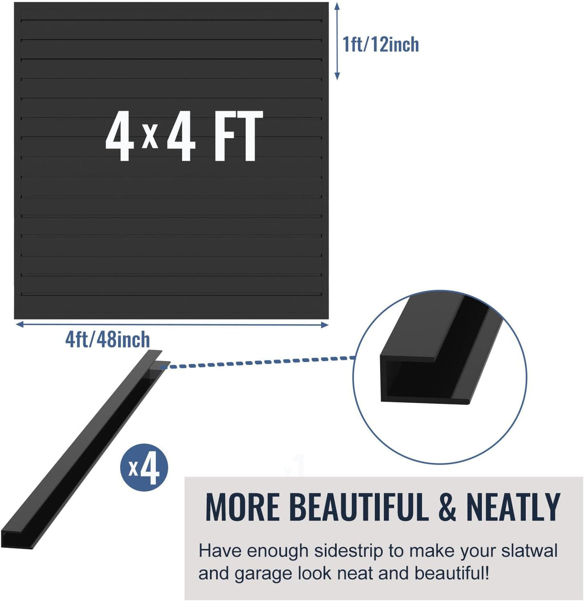 Slatwall Panel Garage Organizer PVC Slatwall Heavy Duty Wall Mounted Rack, Interlocking Slat Wall Panels for Tool Organization Peg Board(Black 4 x 4 ft)