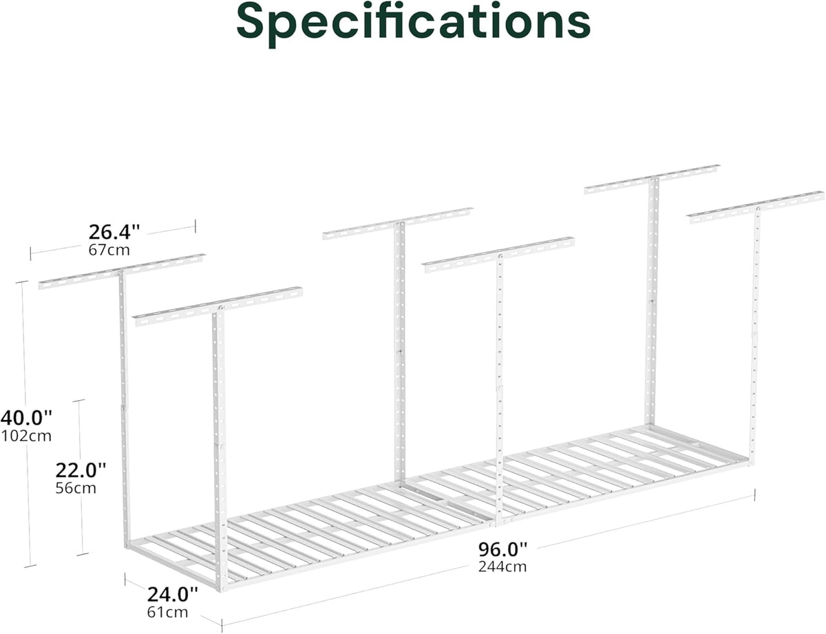 SunsGrove 2x8 Garage Overhead Storage Rack, Adjustable Heavy Duty Hanging Garage Storage Shelves, Ceiling Mounted Storage Racks, 800LBS Weight Capacity, 22"-40" Ceiling Dropdown, 2 Packs, White
