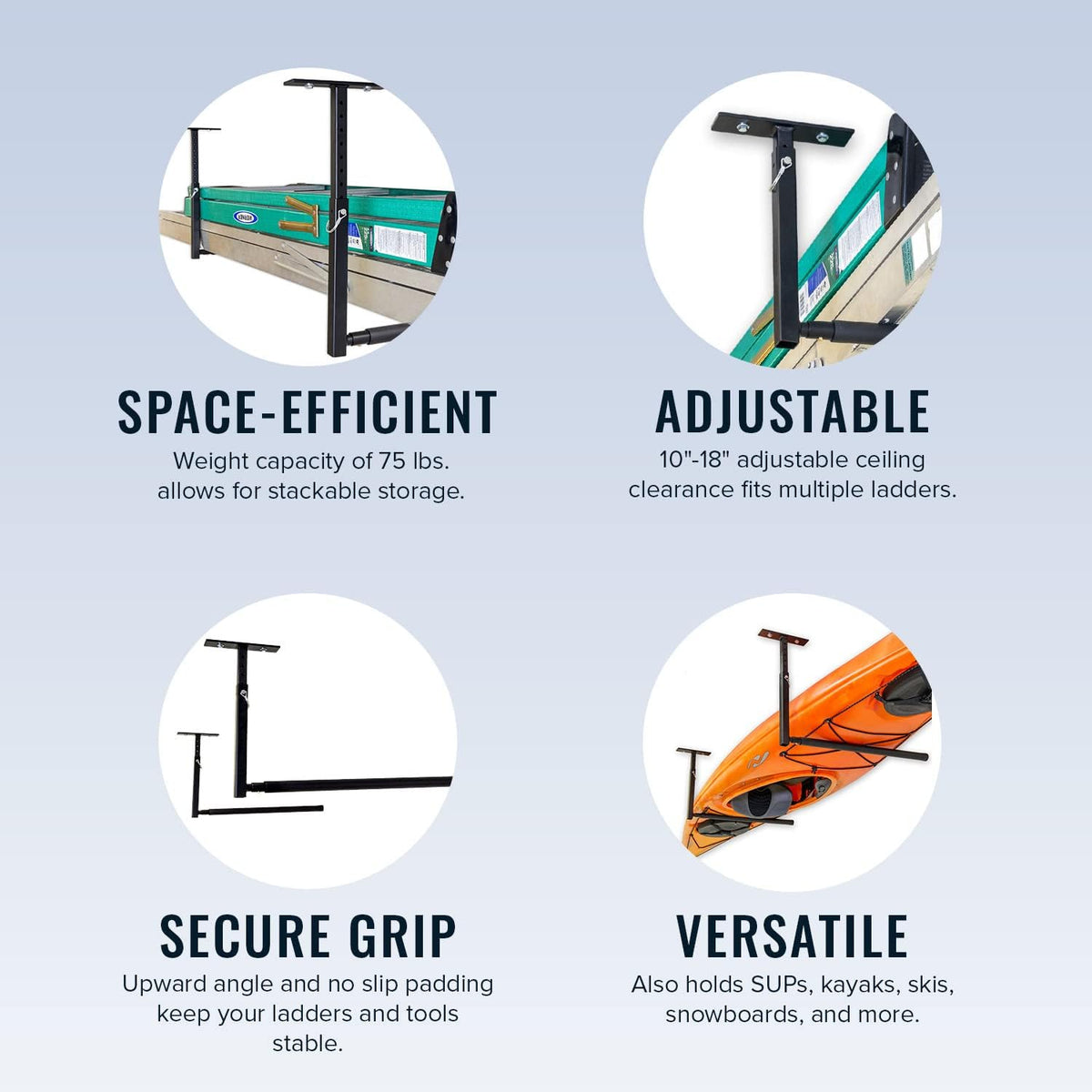 StoreYourBoard Adjustable Ceiling Rack – Hi Port 2 Garage Ceiling Ladder Hanger | Adjustable Overhead Ladder Storage for Step & Extension Ladders | Garage Organization | Holds 75 lbs