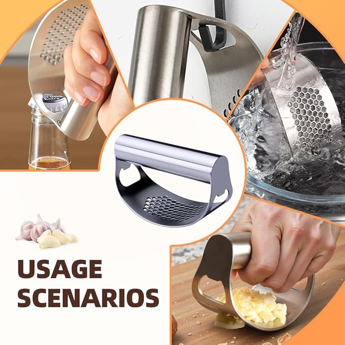 Stainless Steel Garlic Presser, Upgrade Rocker Crusher Masher with Garlic Peeling, 2026 New Portable Manual Stainless Steel Garlic Press for Home Kitchen Utensils (2)