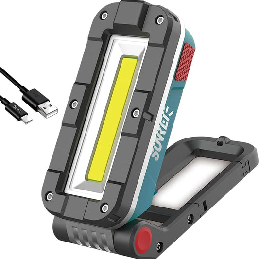 SUNREI LED Rechargeable Magnetic Work Lights COB Mechanic Lights,1100 Lumens, Magnetic Base & Hanging, 7Mode, Magnetic Flashlight Job Site & Security for Car Repair, Emergency, Gift for Men