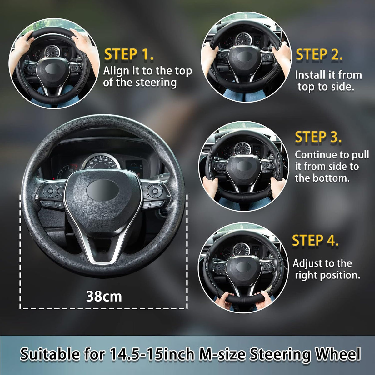 Steering Wheel Cover Blue, Carbon Fiber Car Steering Wheel Covers with Coasters Universal 14.5-15 inch Leather Microfiber Breathable Anti-Slip Steering Wheel Accessories Set