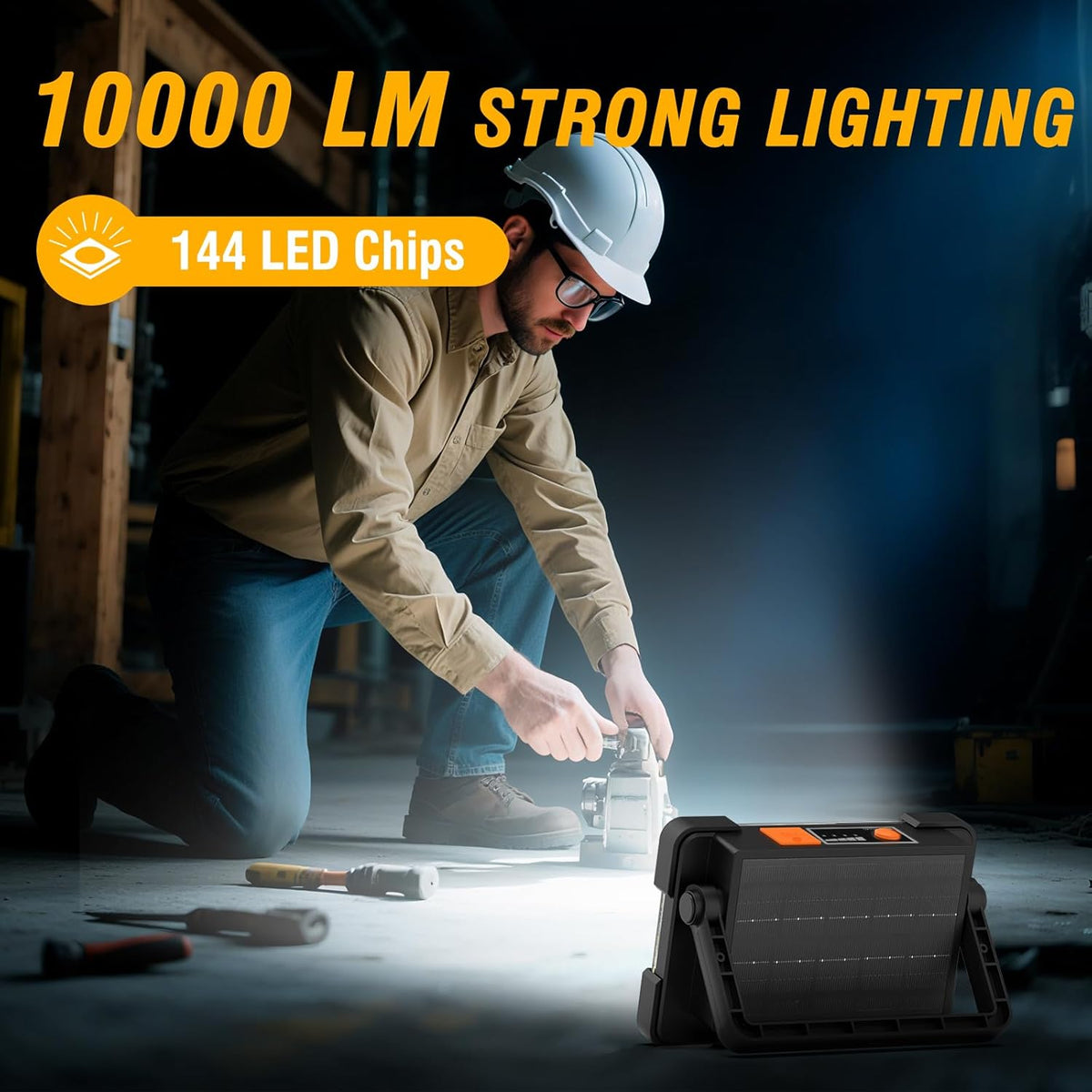 120W Solar Rechargeable Work Light, 144 LED 10000LM Led Work Light with 4 Modes, Portable Flood Light with Stand, IP66 Waterproof Outdoor Working Light for Emergency Mechanic Camping Repair (Black)