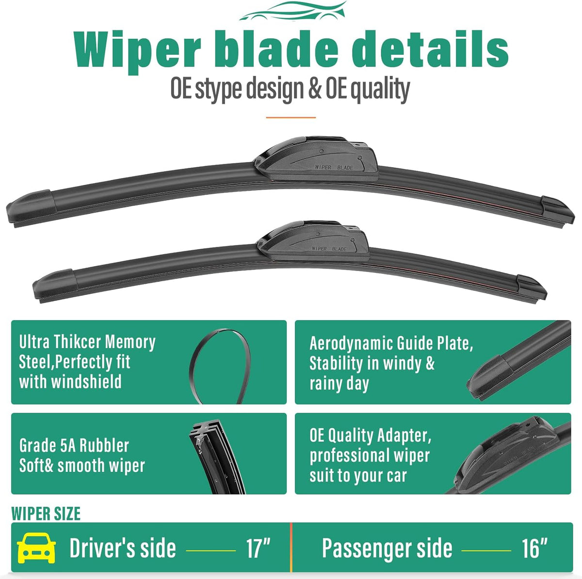 17" 16" 10" Windshield Wiper Blades Replacement for Hummer H3 2006 2007 2008 2009 2010 Premium All Weather Front Rear Wipers Set - OEM Quality (Pack of 3)