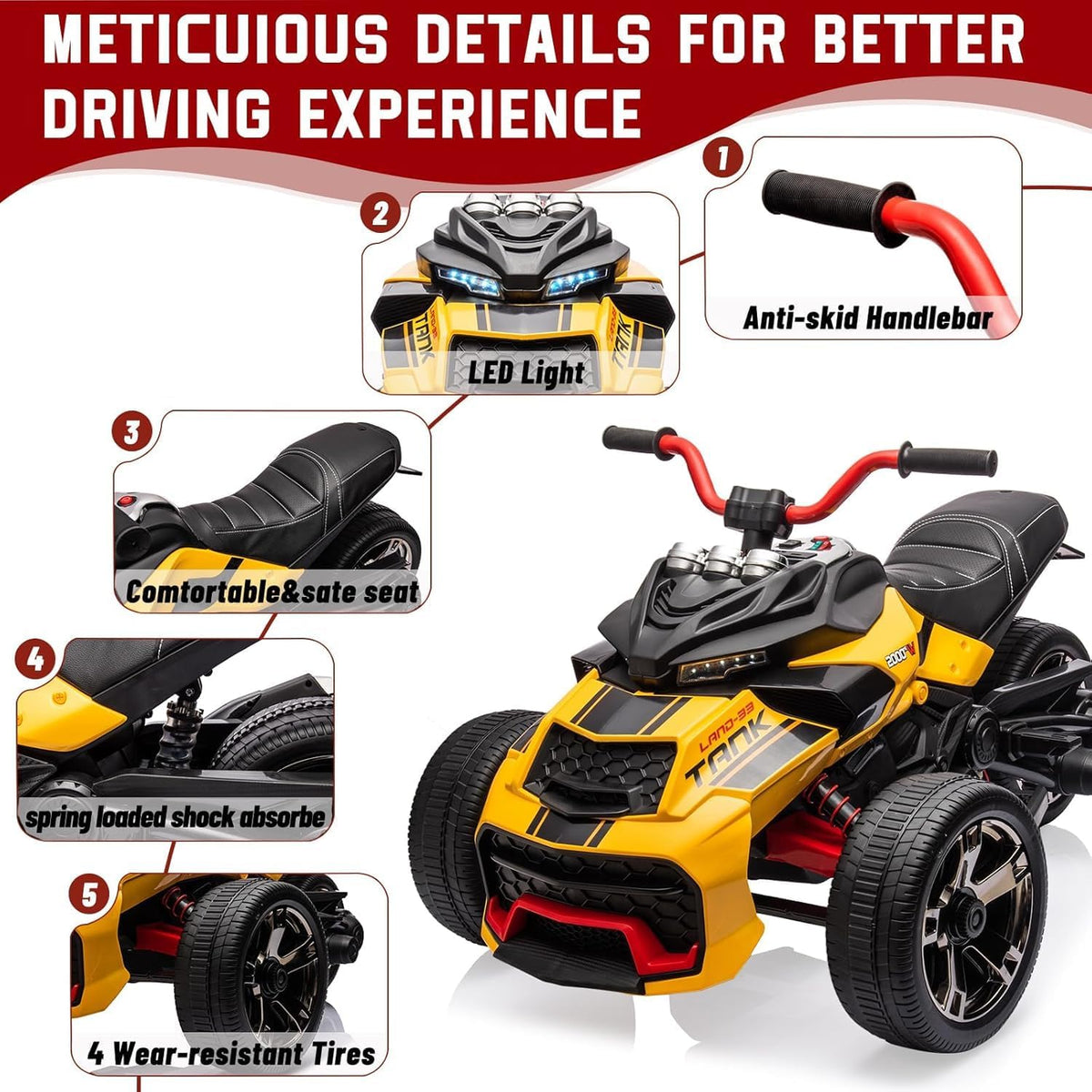 12V Kids Electric Ride-On Car with Parent Remote Control, 7MPH, 2 Speeds, 2x55W Motor, LED Lights, Music, USB & EVA Tires, 3 Wheel Battery Powered Toy Vehicle for Toddlers