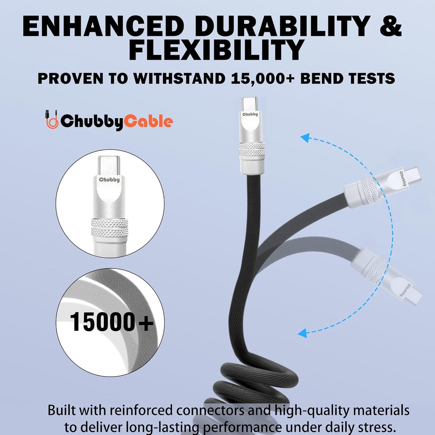 chubbycable Curly Chubby - Retractable Fast Charging Cable 240W Coiled Charger Cord for Car Durable USB-C Cable for Phones, Tablets and More, Orange, Type-C to Type-C, 1.3FT-2.3FT