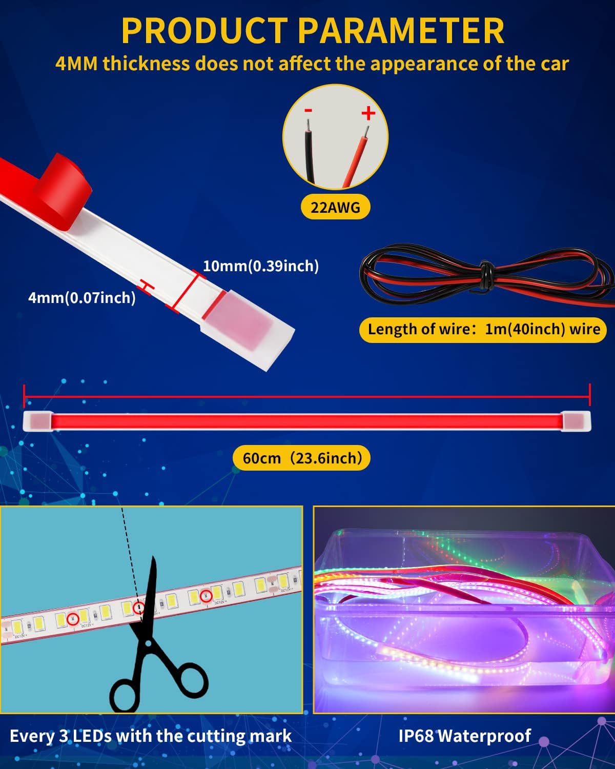 12V Car LED Strip Light,24inch Car Interior Light Strip IP68 Waterproof Cuttable for Car Motorcycles Boat Golf Cart Truck Cargo Home Decoration with Strong Nano Tape,(4PCS)