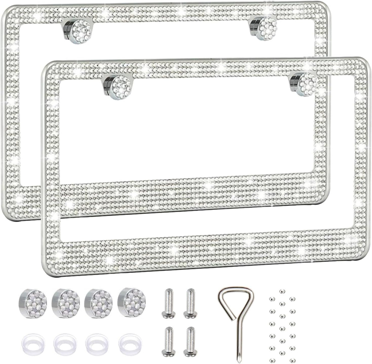 2 Pack License Plate Frames for Women, Sparkly Rhinestone Diamond Car Accessories with Glitter Crystal Caps (White (2PCS))