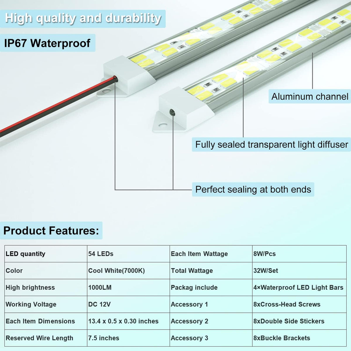 12V LED Light Bar Waterproof, 12V LED Light Strip 54 LEDs 7000K White Color Enclosed Trailer Interior DIY Cabinet LED Light Strip for Car,Trailer,Motorhome,Van,RV,Truck Bed Lights(4 Pack)
