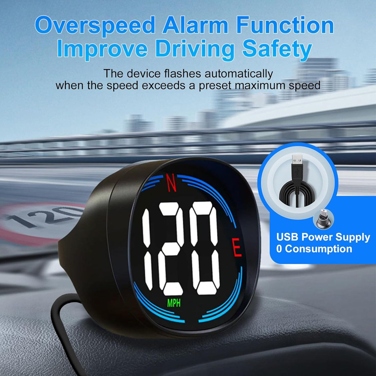 SinoTrack HUD GPS Speedometer Universal Car Heads-up Display 2.7inch MPH Speed Meter with Compass Over Speed Alarm for All Vehicle USB Connect Plug and Play