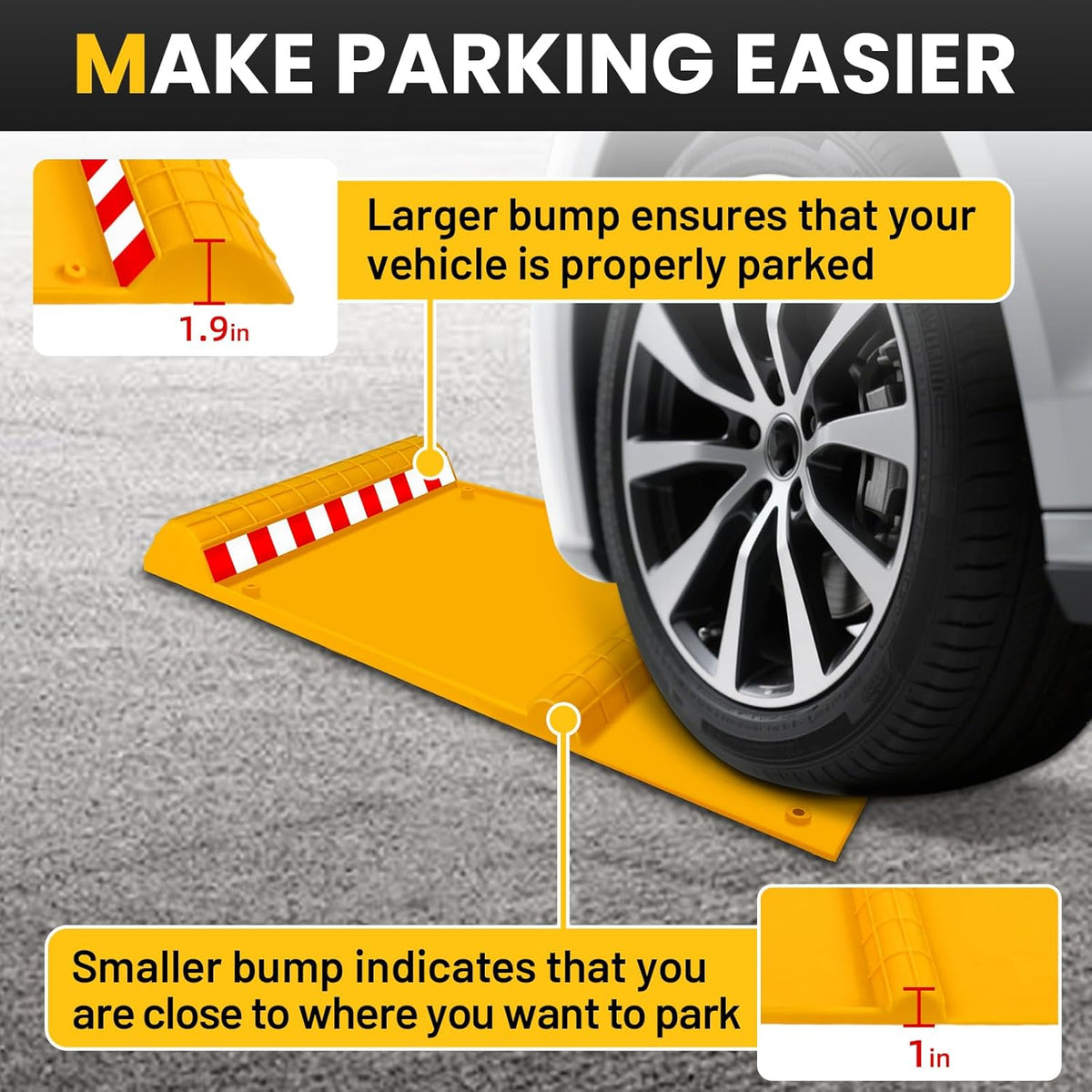 2 Pack Parking Mats for Garage Floors, 21.6" x 11" x 1.9" Heavy Duty Garage Car Parking Mat with High Visibility, Wheel Stops for Car Truck Indoor Outdoor, Yellow