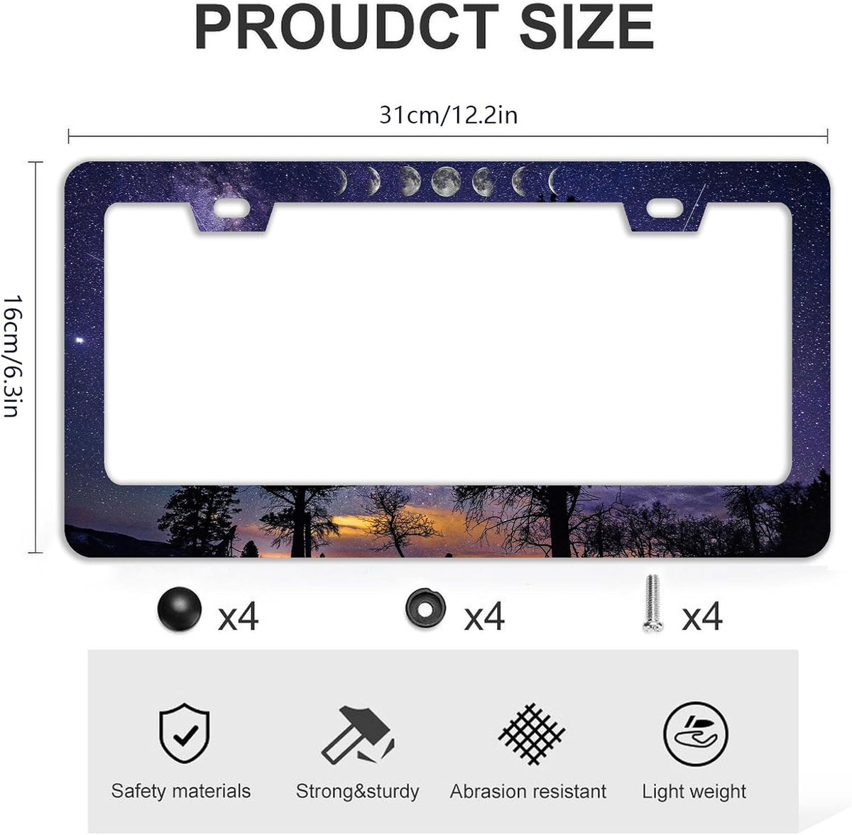 Starry Sky Moon License Plate Frames - 2 Pcs Set 2 Holes Stainless Steel Metal Novelty Auto Car Accessories Decoration License Plate Frame Cover Size 6.3" x 12.2" Fit US Vehicles for Women Men Gift