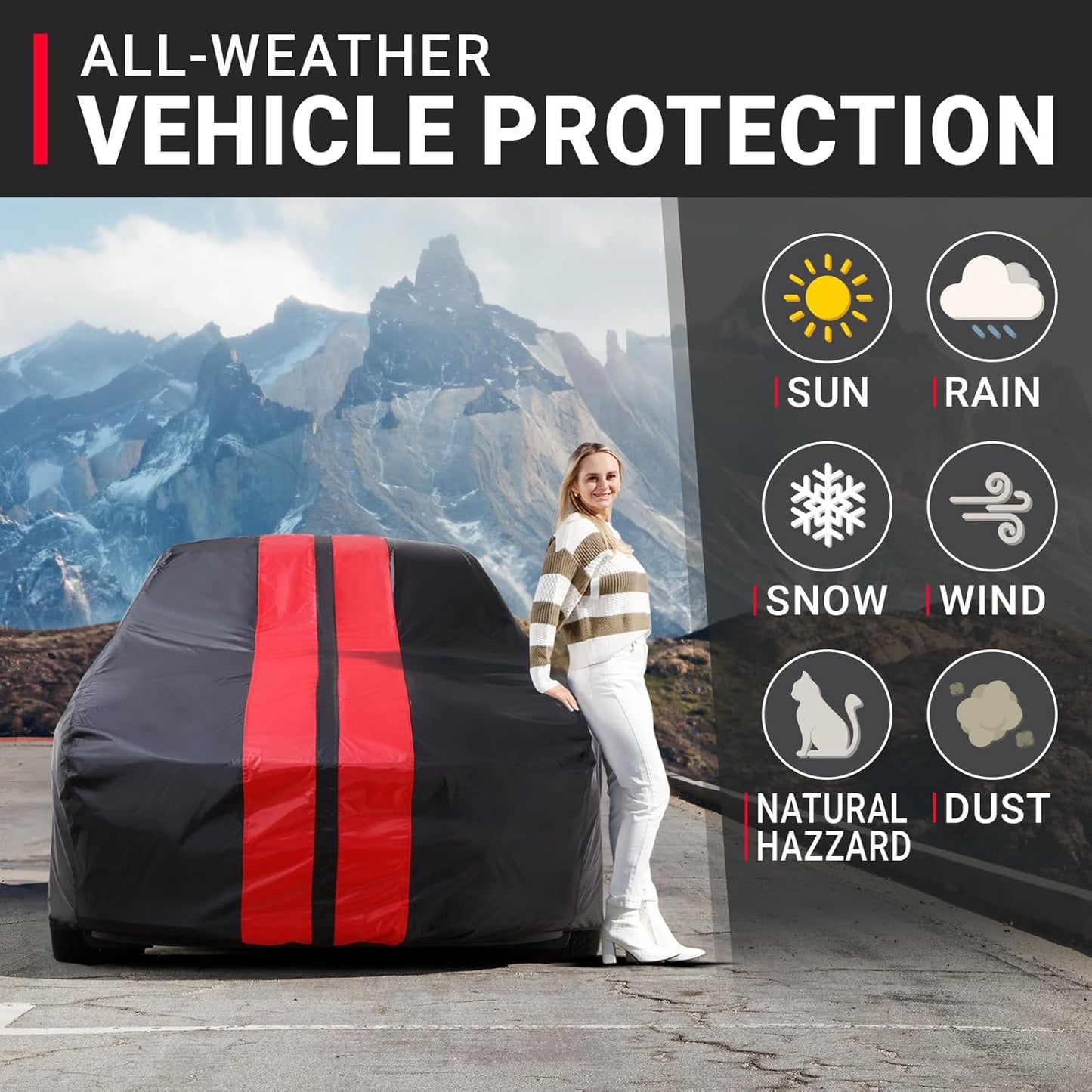 iCarCover Custom Car Cover for Chevy Chevette (1976-1987) Waterproof All Weather Rain Snow UV Sun Protector Full Exterior Indoor Outdoor Car Cover (Stripe - Black/Red)