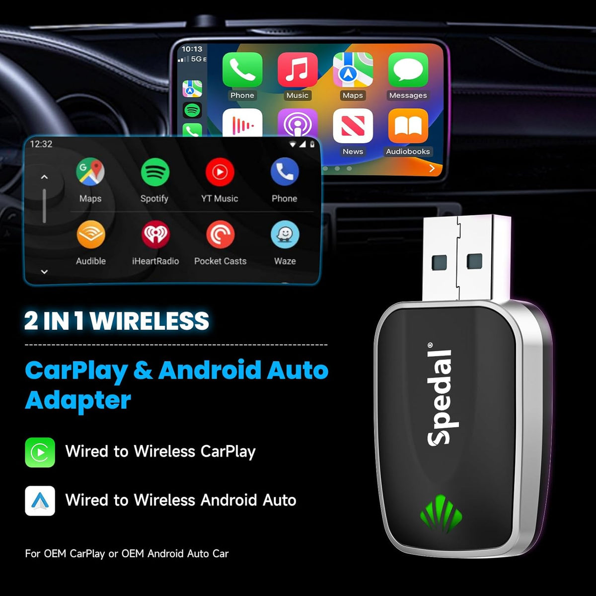 Spedal Wireless CarPlay & Android Auto Adapter, Plug & Play Dongle for iOS 10+/Android 11+, USB-A/C Support (2016+ Cars with Factory Wired Carplay)