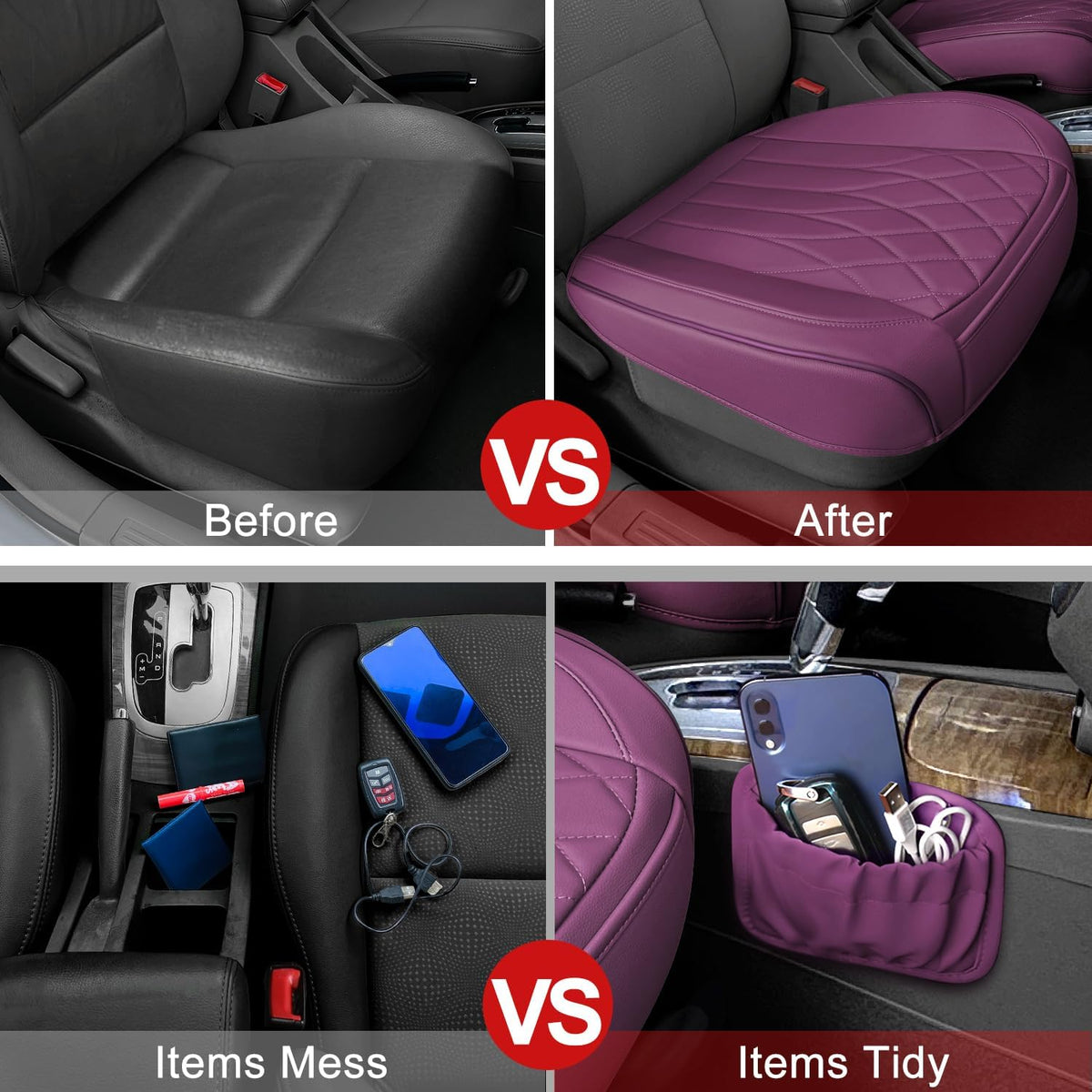 2 Pack Leather Front Car Seat Cover Bottom Car Seat, Universal Anti-Slip Driver Car Seat Protectors with Storage Pocket, Waterproof Bottom Auto Seat Cushion Pad Mat for Most Vehicles(Purple)