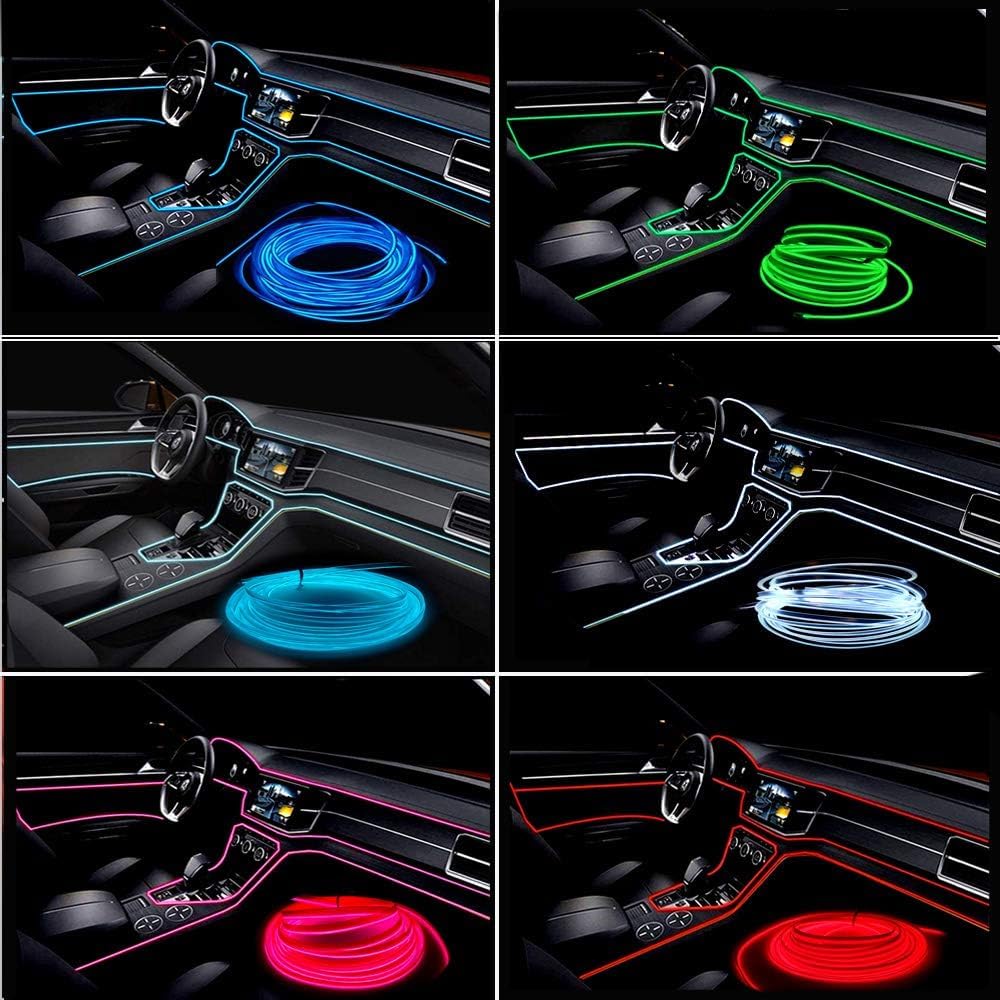 El Wire White Interior Car LED Strip Lights, 5M Neon Wire USB 5V with Fuse Protection for Automotive Interior Decoration, with 6mm Sewing Edge