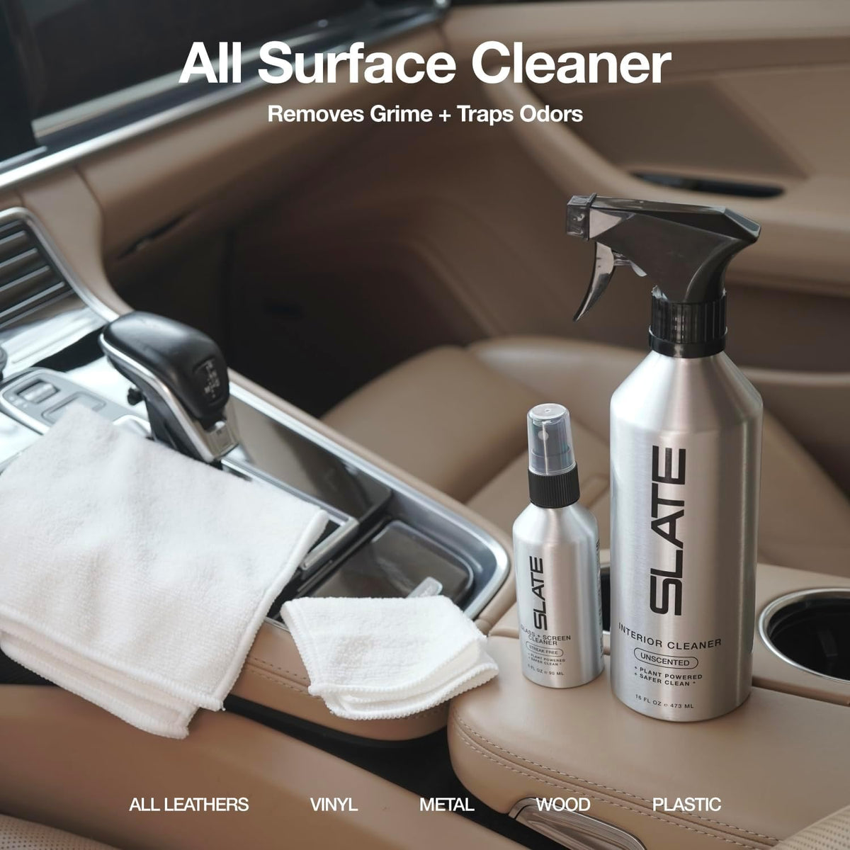 Slate Car Interior Cleaner - Powerful Plant-Based Formula Removes Dirt, Car Seat Cleaner, Vegan Leather Safe, Biodegradable, Prop 65 Compliant - Unscented, 16oz