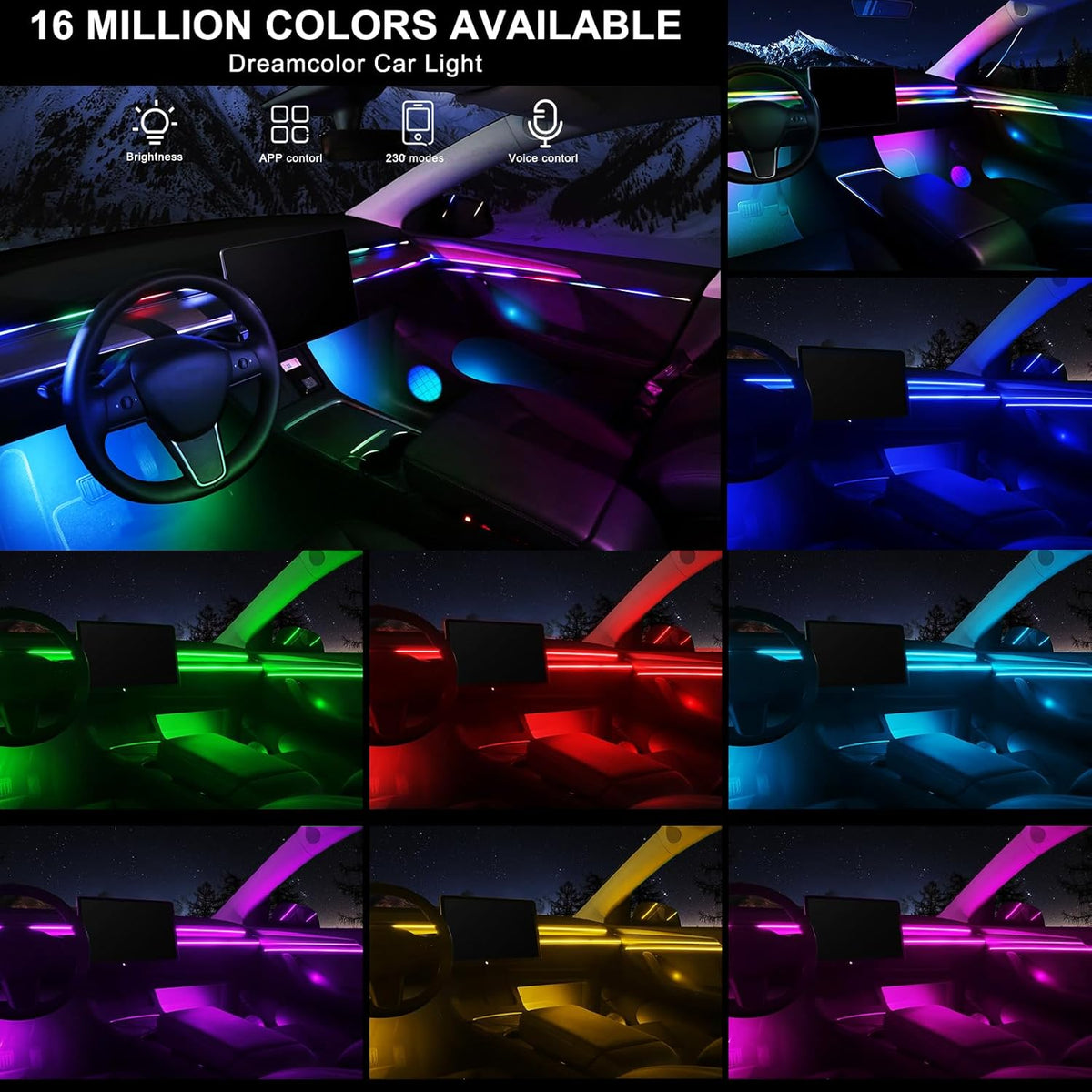 Dream+Color Acrylic Interior Car LED Strip Light with APP, RGB 22 in 1 with 175 inches 600 LEDs Fiber Optic Ambient Lighting Kits, Dynamic Chasing Music Sync Neon LED Strip for Car Accessories