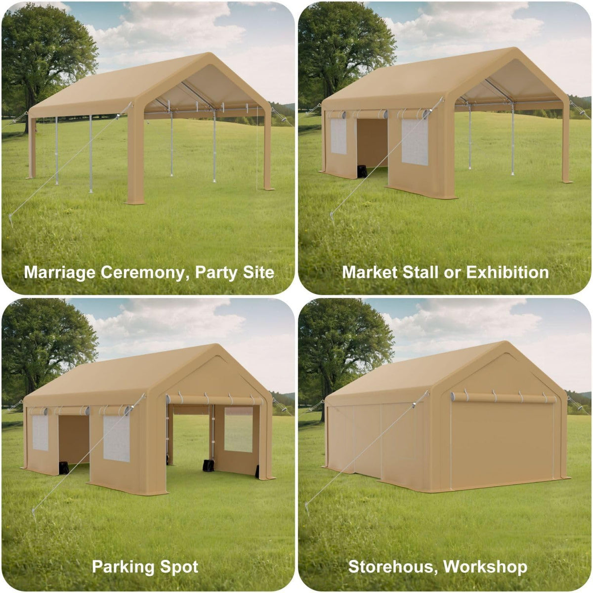 10x20FT Portable Garage, 10'x20' Carport Heavy Duty, Galvanized Frame & 180 g PE Waterproof Canopy, with 4 Doors (Included 2 Side Doors), and 4 Windows, for Pickup Truck, and Boat