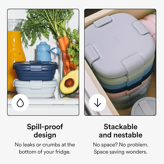 STOJO Collapsible Sandwich Box – 24oz, Reusable Food Storage Container, Silicone Bowl for Hot/Cold Food – Meal Prep, Lunch, Camping, Hiking – Dishwasher Safe (Set of 5, Sage)