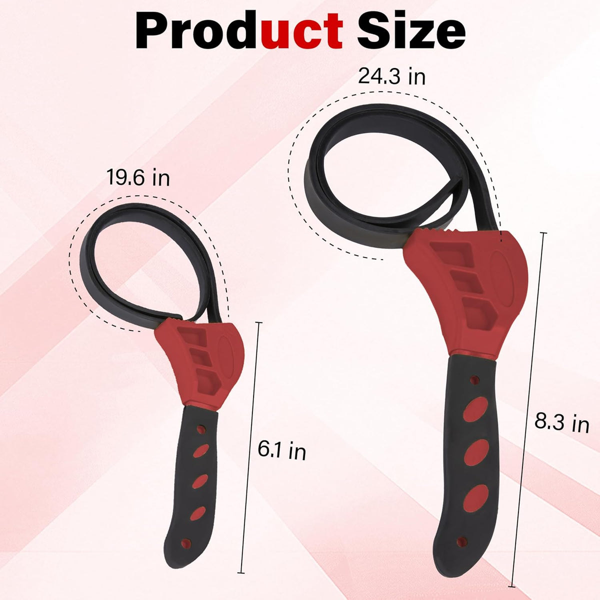 2 PCS Strap Wrench Plumbing, Rubber Strap Wrench, 24 Inch & 19.7 Inch Oil Filters Strap Wrenches, Water Filter Wrenches, Adjustable Rubber Jar Opener for Water Filters, Plumbing,Sink, Faucet (Red)
