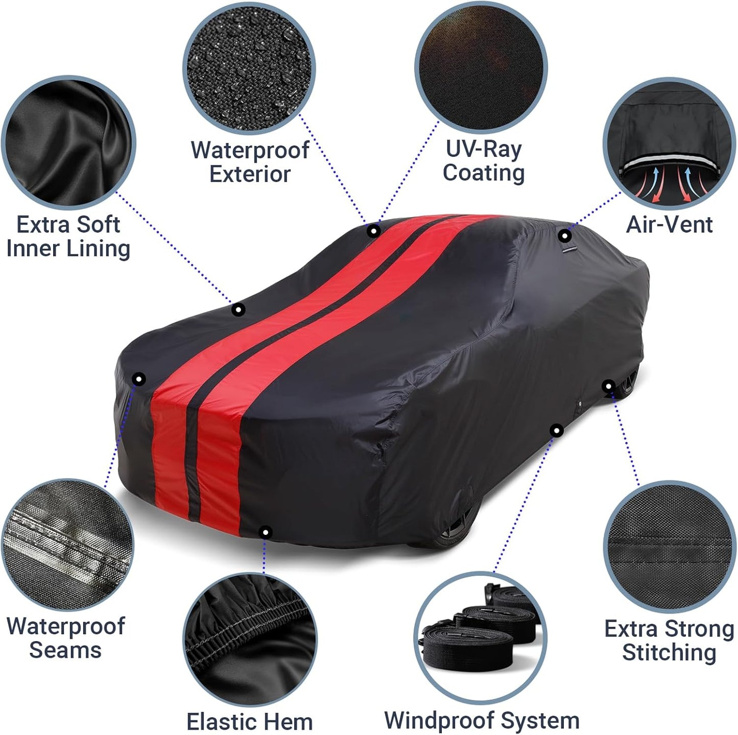 iCarCover Custom Car Cover for Pontiac Bonneville (1959-1970) Waterproof All-Weather Rain Snow UV Sun Protector Full Exterior Indoor Outdoor Car Cover (Stripe - Black/Red)