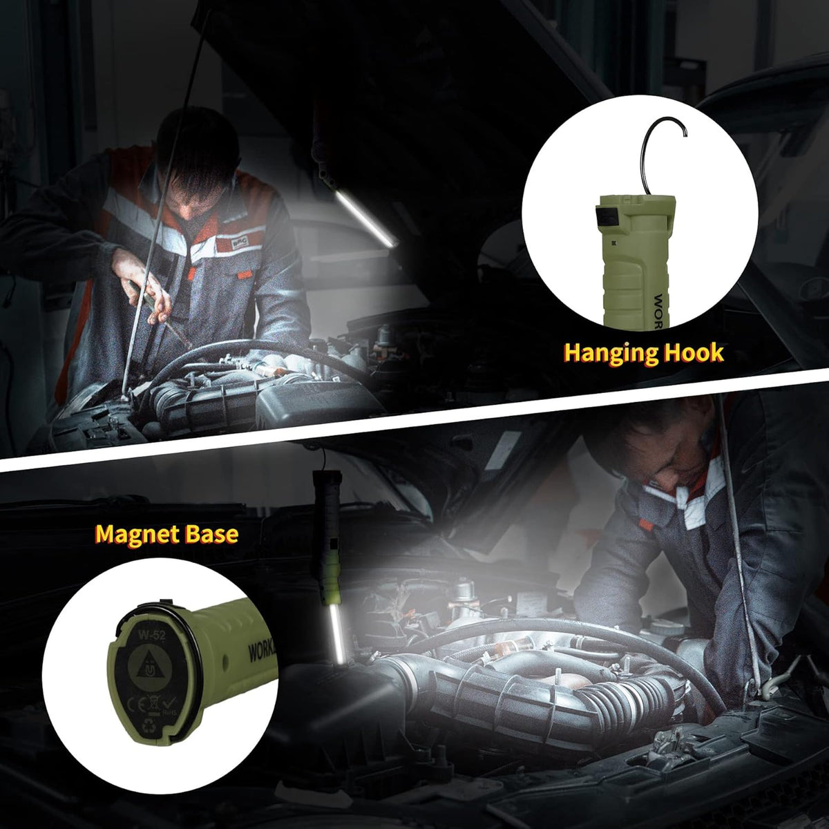 Suranew LED Worklight Flashlight, COB Rechargeable Work Lights with Magnetic Base 360 Degree Rotate and 5 Modes Portable Flood Light Inspection Construction Light for Car Repair (Army Green, 2 Pack)