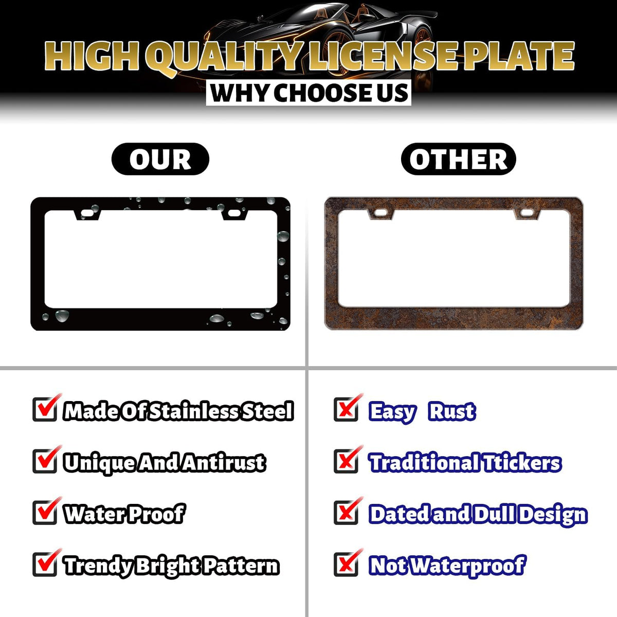 Skull License Plate Frame Skull Skeleton License Plate Holder Stainless Steel Funny Design Compatible with Standard License Plate for USA Canada 12.3" x 6.3" with 2 Screws