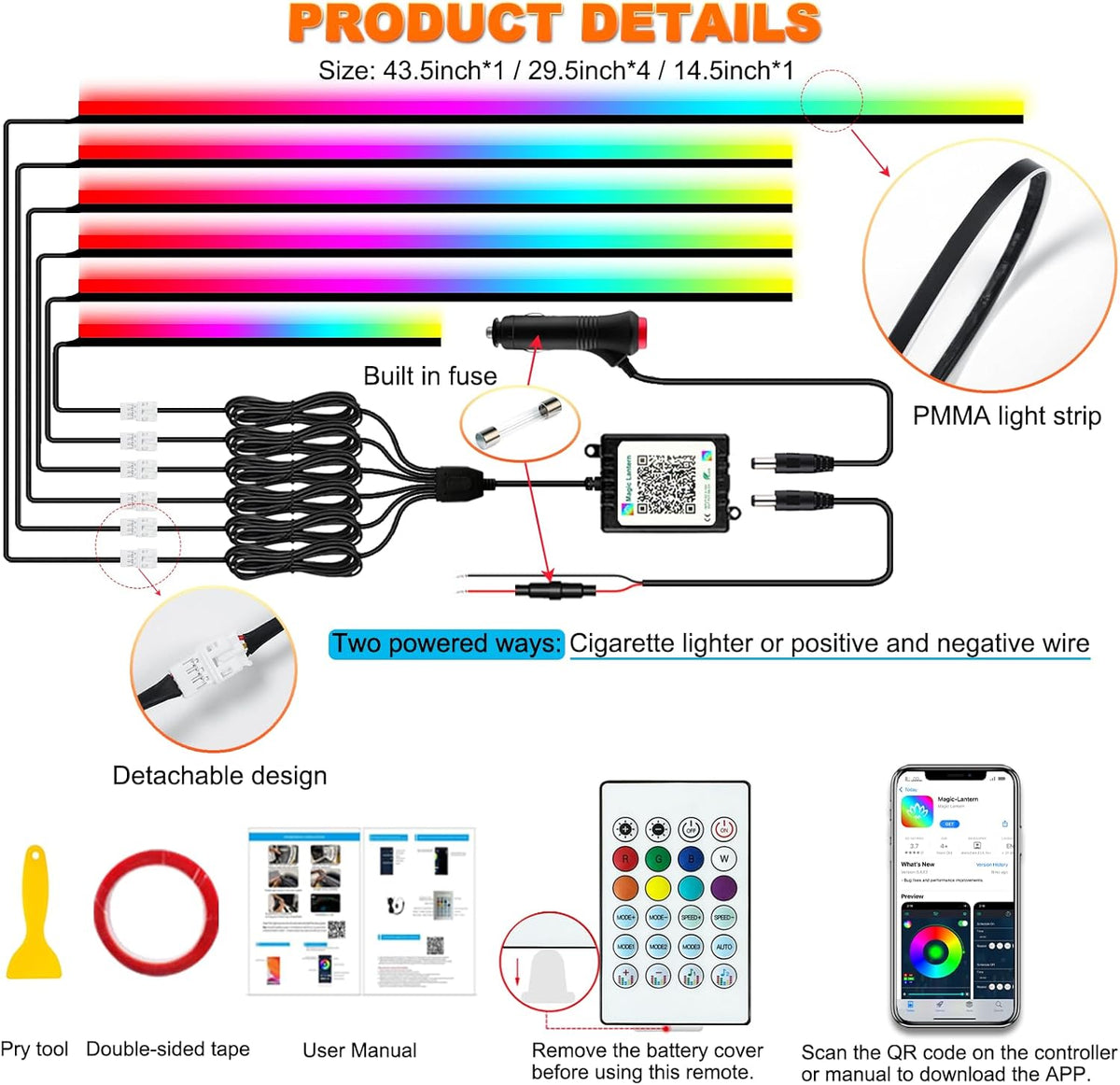Interior Car LED Strip Lights, Acrylic LED Lights for Car with Dynamic Dreamcolor Chasing, Ambient Lighting Kits Music Sync Wireless APP and RF Remote Control (6 in 1)