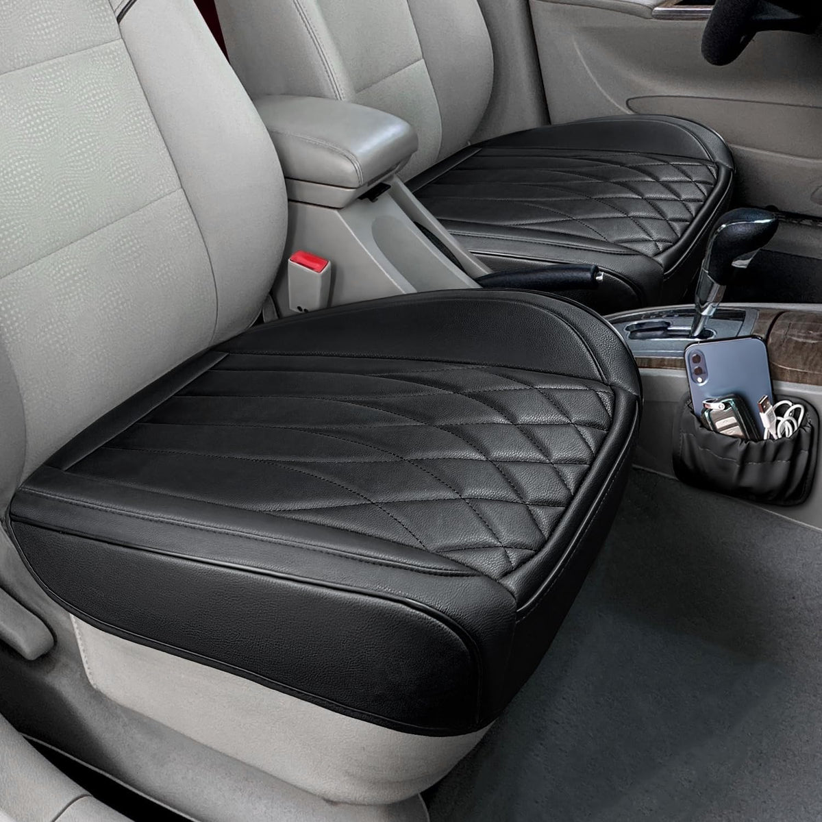 2 Pack Leather Front Car Seat Cover Bottom Car Seat, Universal Anti-Slip Driver Car Seat Protectors with Storage Pocket, Waterproof Bottom Auto Seat Cushion Pad Mat for Most Vehicles(Black)