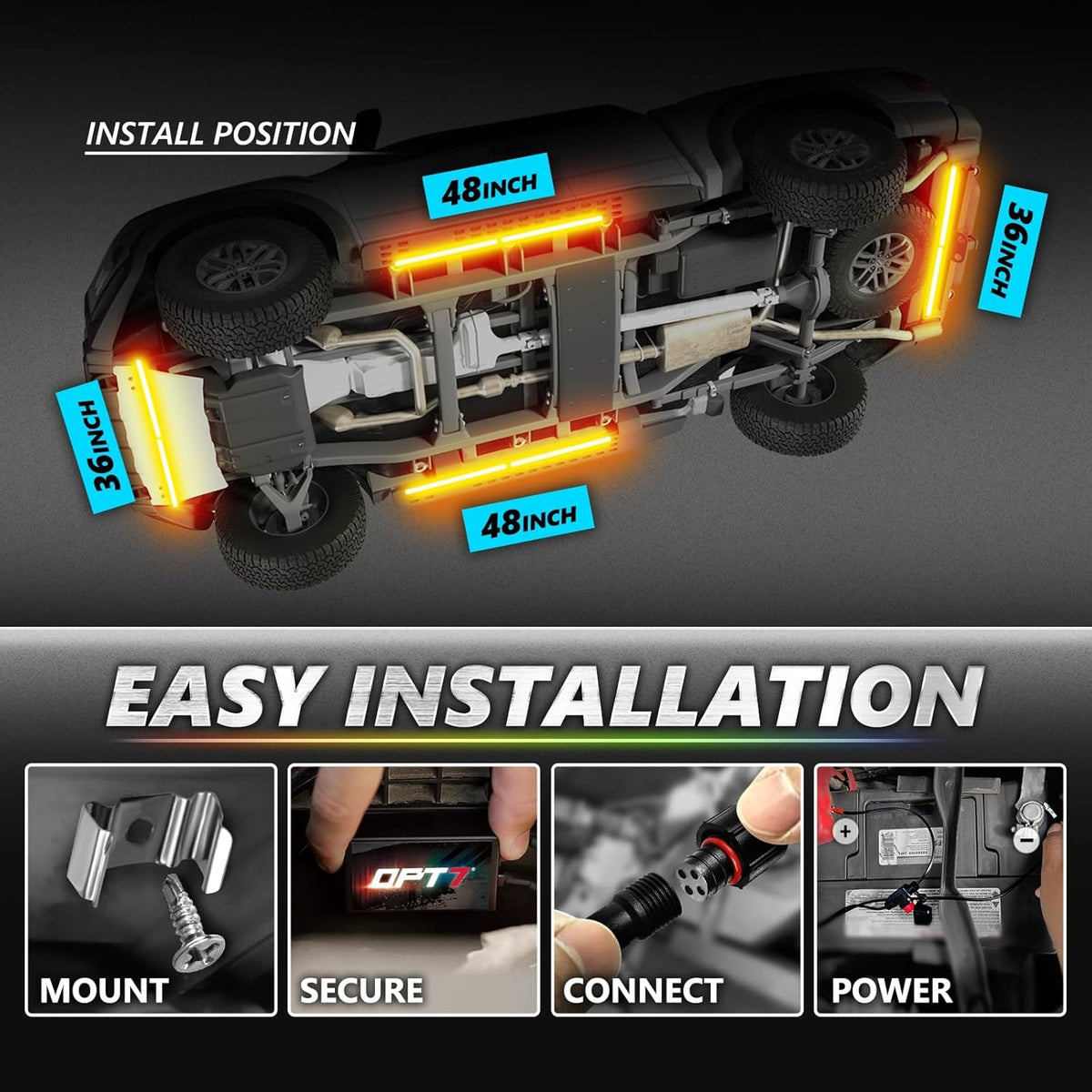 OPT7 Aura Pro Underglow LED Lights Kit for Truck with App & Remote Control, RGB Multicolor Music Modes, Waterproof Rigid Aluminum Light Bar, Exterior Neon Accent Lighting for Regular Extended Cab
