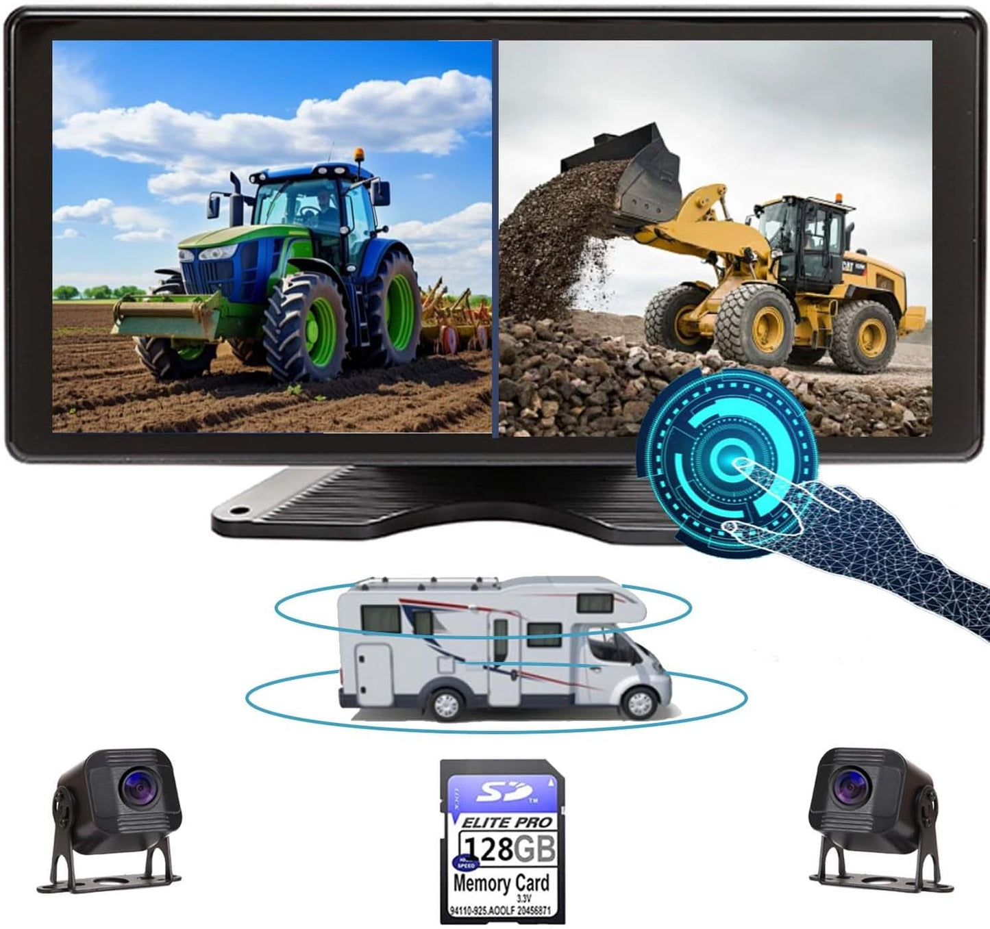 Skid Steer Touchable Screen 128GB Large Audio 1080P 2 Split Image 11 Inch Monitor Backup Camera Built-in DVR Video for RV Truck Trailer Rear Front Reversing Wired Waterproof System D102