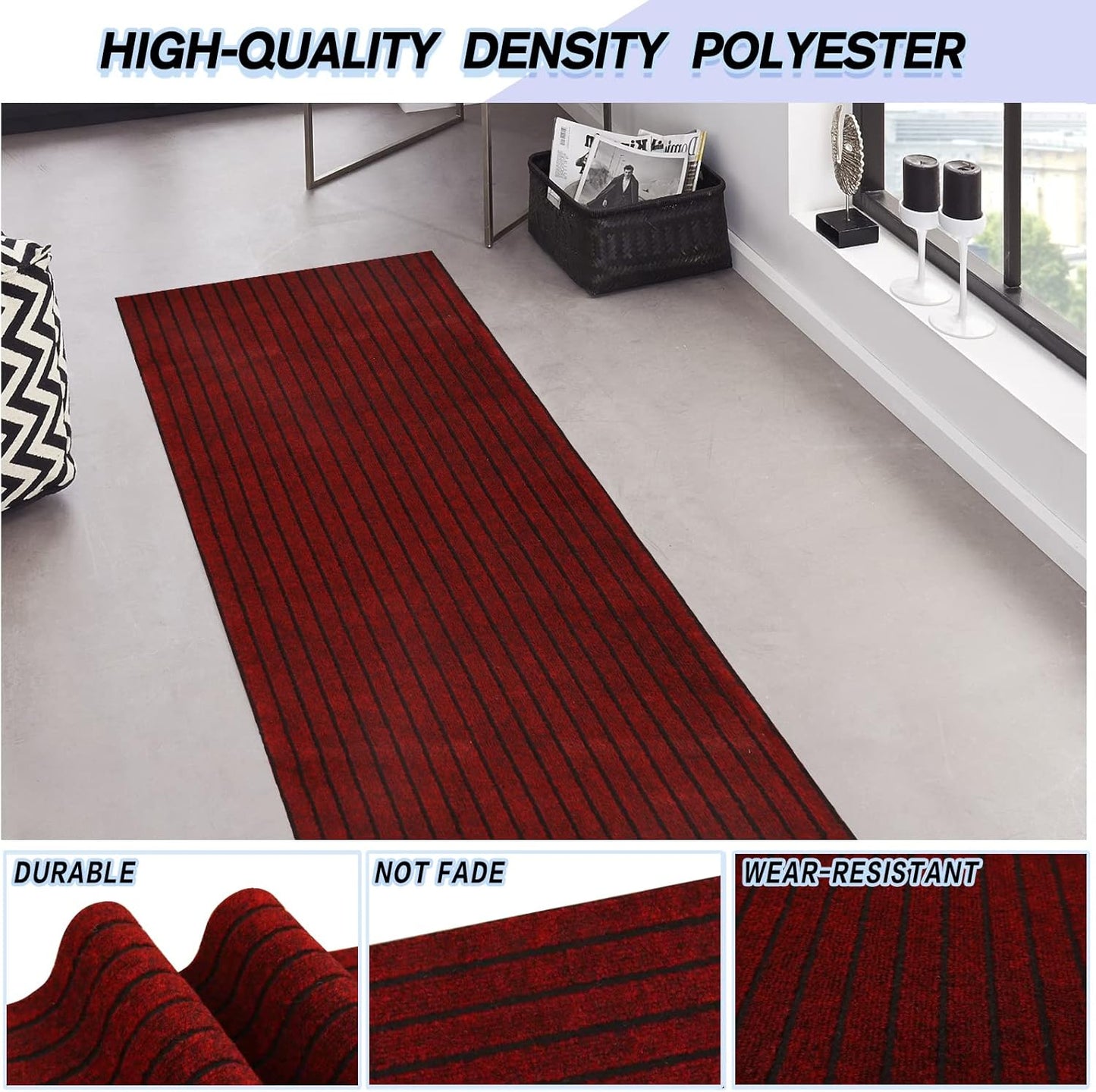 Custom Size Backed Non-Slip Area Rugs Runner, Easy Clean, Waterproof Runner Rugs for Hallway Entryway, Kitchen, Laundry, 4FT x 51FT, Red Stripe