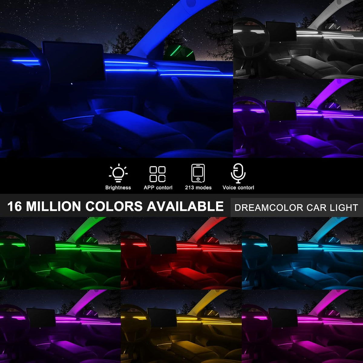 Acrylic Interior Car LED Strip Light with Wireless APP, RGB 14 in 1 with 175 inches 593 LEDs Fiber Optic Ambient Lighting Kits, 16 Million Colors Sound Active Function Car Neon Lights