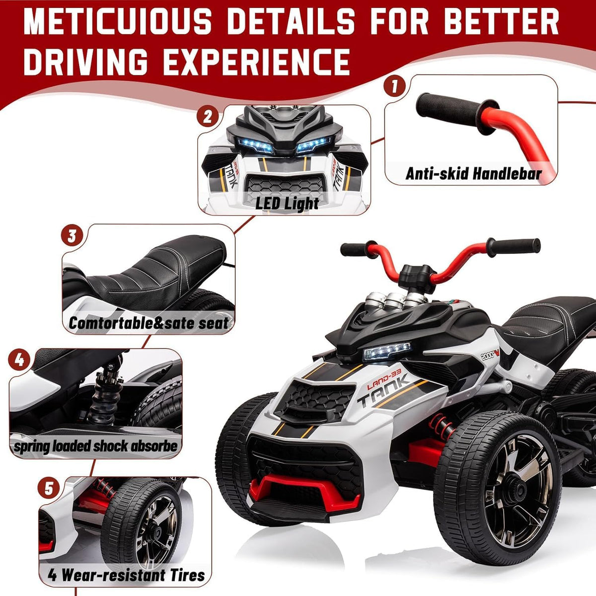 12V Kids Electric Ride-On Car with Parent Remote Control, 7MPH, 2 Speeds, 2x55W Motor, LED Lights, Music, USB & EVA Tires, 3 Wheel Battery Powered Toy Vehicle for Toddlers