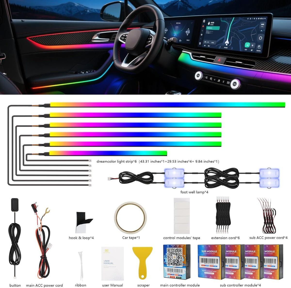 2025 Upgraded Dreamcolor Acrylic Interior Car LED Strip Light with Self-Developed App RGB 10 in 1 | Dual Zone Control | Super Brighter LED Strips | Music Sync | 16M Colors Interior Led Lights for Cars